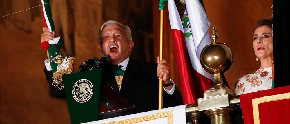 Mexican president Andres Manuel Lopez Obrador shouting for Independence Day